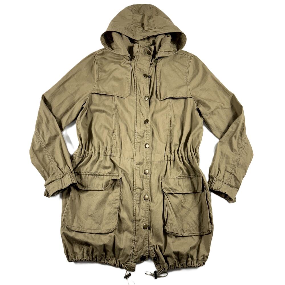 Forever 21 Utility Coat Army Green with Hood Pockets S/P drawstring